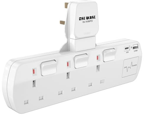 SE UKASE 3 Way Plug Extension with PD 18W USB-C, Surge Protection & Neon Indicator,UK Multi Plug Adaptor Max 2990W, Multiplug Socket Adapter Extender Wall Socket for Office, Kitchen,Bedroom
