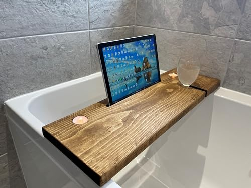 Urban Reclamation Wyedale Bath Board | Bath Caddy | Rustic Timber Bath Tray | Handmade Solid Wood Bath Tub Wine Glass Tablet Phone Candle Holder (Dark Oak, 90 cm)