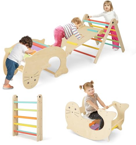 COSTWAY 7 en 1 Triángulo de Escalada Montessori, Escalador de Madera Plegable con Rampa Reversible, Balancín y Escalador de Leones Marinos, Mesa de Juegos y Túnel, para Niños de 3-14 años (Multicolor)