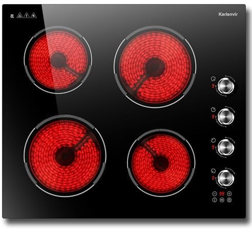 Karienvir Electric Hob 60cm 4 Zone,Ceramic Hob 6000W, Electric Ceramic Hob 220-240V Hardwired, Kitchen Hob 4 Burners with Safety Lock, Timer, Pause Function, Knob & Touch Control
