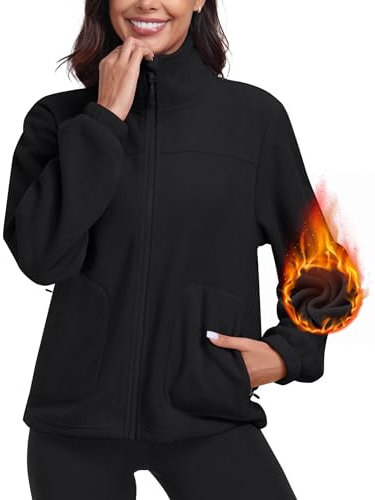 MoFiz Giacca in pile da donna con chiusura lampo su tutta la lunghezza, colletto alto, per la ricreazione e l'escursionismo Nero S