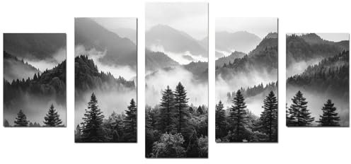 JOSUE 5 Teilig Wald Bilder Auf Leinwand Xxl Minimalistischer Berg Wandbilder Leinwand Wohnzimmer,Schwarz, weiß Bilder Wanddekoration Wohnzimmer Schlafzimmer Wanddeko-100x200cm Ungerahmt