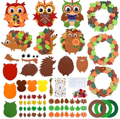 Draupnir 9 Stück Bastelset Herbst, Igel Eule Basteln Herbst Deko, Filz Herbst Kränze Bastelset mit Diamant Aufkleber und Pompons für DIY Bastelprojekte, Halloween, Weihnachten, Erntedankfest