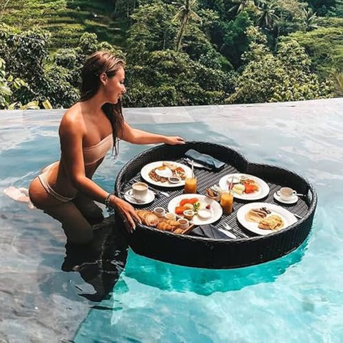 Herzförmiges Serviertablett Aus Gewebtem Rattan,Handgefertigtes Schwimmender Serviertabletttisch For Heiße Quellen Im Swimmingpool,Luxuriöse Schwimmende Tabletttischbar For Servieren Von Brunch(Black)