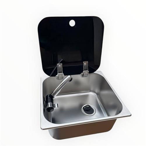 Fregadero compacto para furgonetas y caravanas, 32,5x35,5x15 cm, con grifo 12V y desagüe