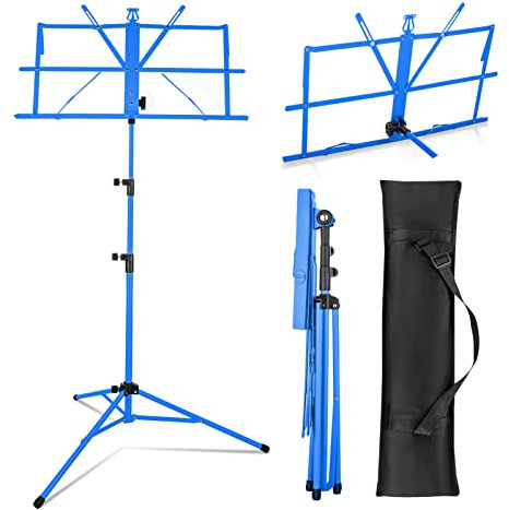 CROWNSHOP Music Stand Music Sheet Stand Heavy Metal Foldable Music Stand Adjustable Stand Base Tripod Orchestral Score Music Stand with Carrying Bag for Storage or Travel (Blue)