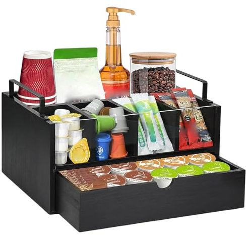 BlyeMichdi Porta Cialde Caffe in Legno, Organizer Porta Capsule Caffè, Cassetto Estraibile, porta Bicchierini Zucchero e Palette, Contenitore Capsule Multiuso per Cucina e Ufficio, 34x24.5x20Cｍ, Nero