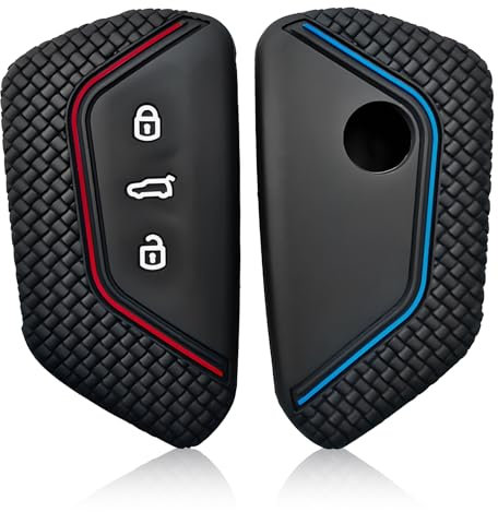 2 PCS Housses de Protection pour Clé de Voiture en Silicone TPU Compatible avec Golf 8, e-Golf, ID3, ID4, Seat Leon, Skoda Octavia, Cupra Formentor, 3 Boutons, Noir-Rouge et Noir-Bleu
