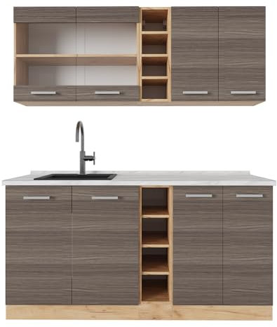 Vicco Singleküche R-Line, Küchenzeile Single, Edelgrau/Goldkraft Eiche, 160 cm, AP Marmor
