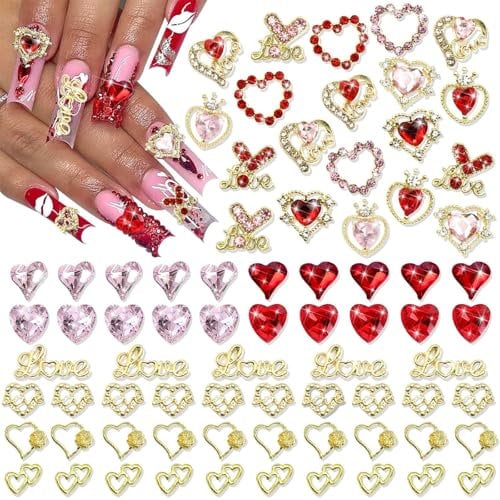 Zernblend 75 Pièces 3D Or Charme D'Ongle Saint-Valentin Rouge Rose Cœur Charme D'Ongle, Charms Ongles, Charms Ongles, Strass Ongles