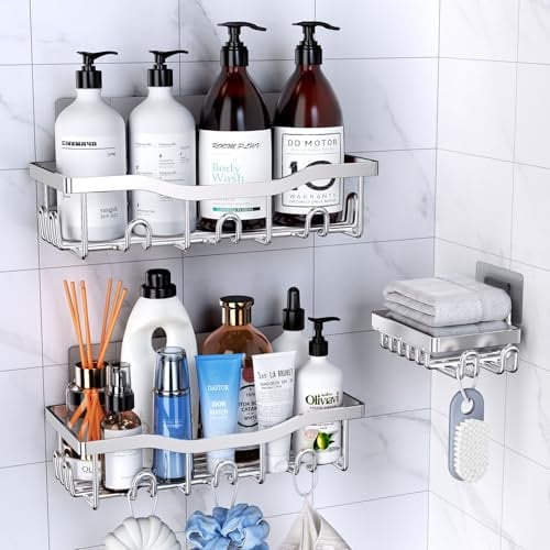 PKPD Acero Inoxidable Organizador Estanteria Baño 3 Piezas, Accesorios Baño con Jabonera, Estanteria Ducha, Organizador Ducha sin Taladro, Plata