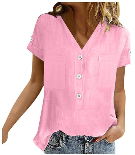Camiseta para mujer, cuello de pico, jersey de verano, elegante, blusa ligera, básica, para la playa, suelta, elástica, informal, Rosa., L