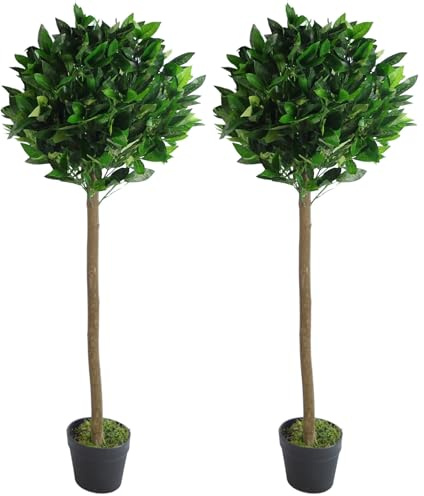 Leaf Design UK Artificial Bay Laurel Topiary Ball Tree, Green, 120cm (4ft) (Pack of 2)