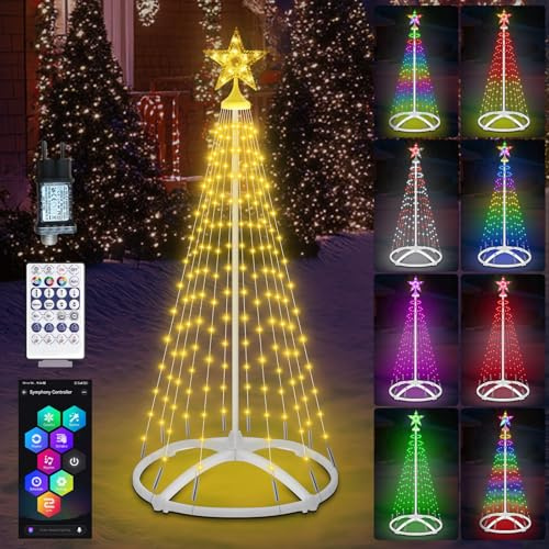 1.5m Christmas Cone Tree Light, 166LED Intelligent Arbre de Noël Lumineux, Arbre de Noël Cone Extérieur RGB Multicolore avec Étoile, Contrôle par Télécommande/APP pour Décoration de Jardin et Balcon