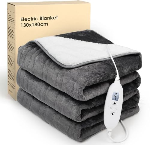 Electric Heated Blanket Throw,Electric Throw with 4 Heat Settings & 4 Hours Auto-Off Timer, LCD Display,Grey Heating Blanket Flannel Sherpa for Sofa and Bed,180 * 130CM