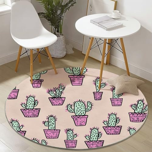 Tapis Rond 100 cm, Mignon Dessin Animé Cactus Tapis de Sol à Poils Courts Antidérapant Rose, pour Chambre Cuisine Balcon Terrasse Salon Salle à Manger Intérieur Extérieur
