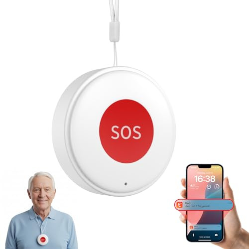 Daytech Tuya WiFi Rechargeable SOS Call Button NO FEES | Personal Alarms For Elderly Panic Button For Elderly/Patient,Linked to Phone No Distance Limit,Supports 2.4GHz Wi-Fi