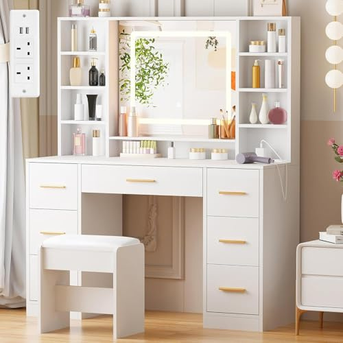 ANWBROAD Dressing Table with Lighted Mirror Makeup Vanity Desk with Power Outlet 7 Drawers 3 Colors Lighting Adjustable Brightness Modern Vanity Table for Women Bedroom Dressing Room White YBDT90W