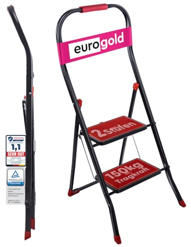 EUROGOLD® Trittleiter 2 Stufen, klappbar, TÜV-Zertifiziert bis 150 kg | Rutschfeste Stufen & Sicherheitsbügel für sicheren Stand innen und außen