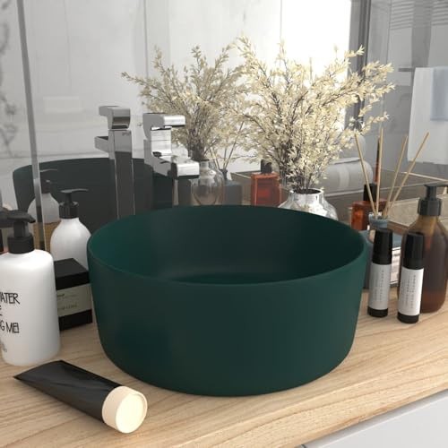 Fasba Lavabo redondo de cerámica sobre encimera verde oscuro mate 400 x 400 x 150 mm, modelo 147014