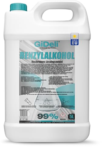 GiDeli Benzylalkohol 99,9% 5 L Harzlöser, Pinselreiniger, Lackentferner | Klebstoffentferner für die Werkstatt, löst Epoxidharz und Lackreste, verdunstet langsam, ein Gebinde statt vieler Flaschen