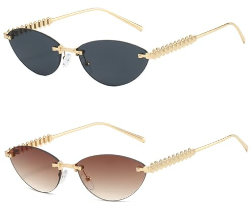 LJCZKA Retro Ovale Sonnenbrille für Damen Randlose Kleine Ovale Katzenauge Sonnenbrille 90er y2k Oval Schmaler Metall Rahmen Brille mit UV Schutz
