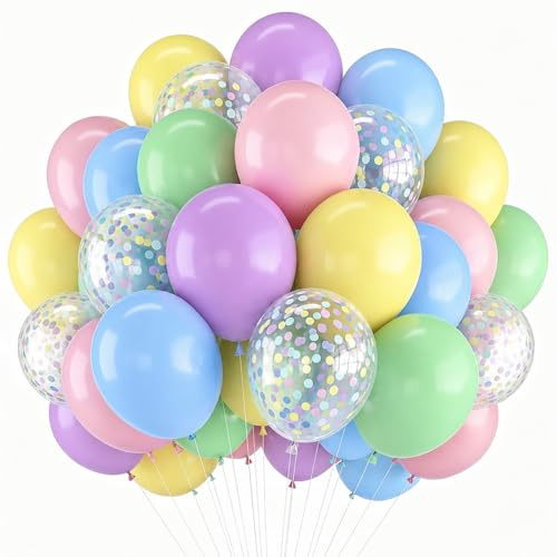 60 Stück 30,5 cm Pastell-Luftballons Macaron Rosa Gelb Lila Blau Grün Latex und mehrfarbige Konfetti-Luftballons für Geburtstag, Brautparty, Hochzeit, Party-Dekorationen
