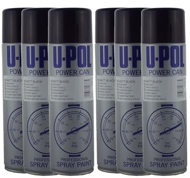 U-POL 6 x Power Can MATT BLACK Paint 500ml Aerosol UPol Powercan Matt Black - Durable top coat with a matt finish 6 x 500ml Aerosol Cans