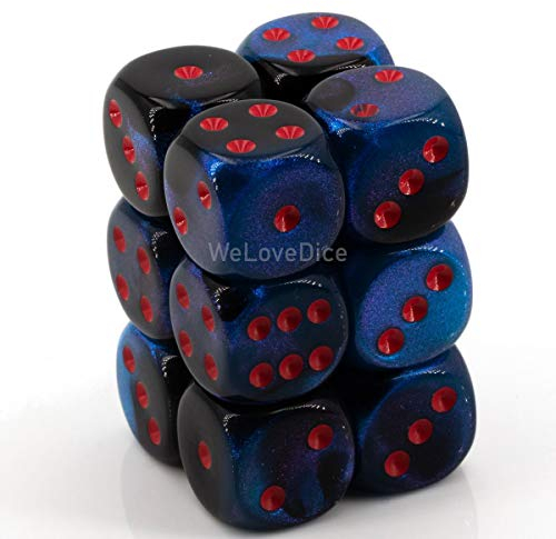 Chessex Gemini 16mm d6 with pips Dice Blocks (12 Dice) - Black-Starlight w/red