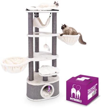 Petrebels Premium Qualität Kratzbaum in Triangelform, Catharina 160 cm, Design Kratzbaum für Grosse Katzen mit XXL Hängematten und Katzenhöhle, Farbe Beige/Creme