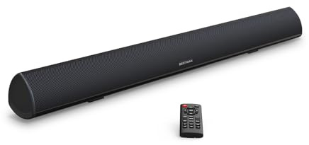 Soundbar, MEGACRA TV Sound Bar with Dual Bass Ports Wired and Wireless Bluetooth 5.0 Home Theater System (28 Inch, Enhanced Bass Technology, 3-Inch Drivers, Bass Adjustable, Wall Mountable, Dsp)