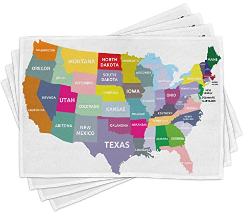 ABAKUHAUS Karte Platzmatten, USA Karte Namen der Staaten Amerika Geographie Kartographie Thema, Waschbare Stoff Esszimmer Küche Tischdekorations Digitaldruck, Magenta