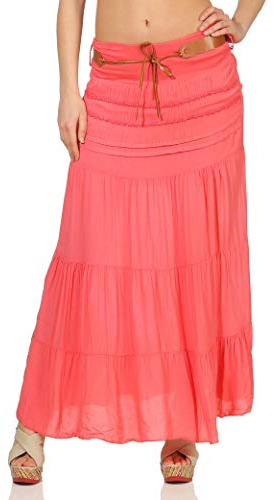 Malito – Rock Damen bodenlang aus Baumwolle mit elegantem Strickmuster & Kunstleder Gürtel – Maxi Rock lang mit breitem Bund – Luftiger Sommerrock 1116 (Coral 34-40)