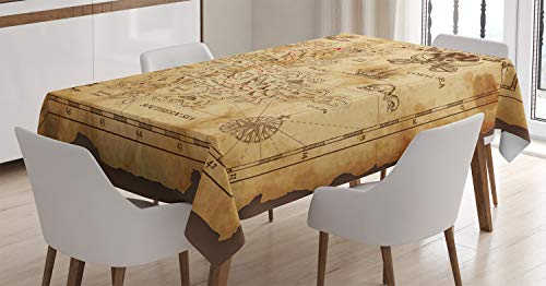 ABAKUHAUS Insel Tischdecke, Altes Papier Schatzkarte, Schmutzabweisent mit Modernster Druck Technologie Waschbar Klare Farben, 140 x 170 cm, Beige Braun