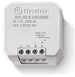 Finder Alimentatore Tipo 01C.02.8.230.0300 per Cronotermostato BLISS WiFi 1C.91 e Tipo 1C.61 next. Alternativa all'alimentazione a batterie. Potenza nominale 2 W. Tensione alimentazione 110…230 V AC