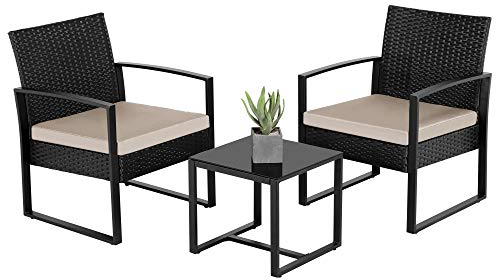Yaheetech Salon de Jardin Exterieur 2 Fauteuils et 1 Table Basse en Poly Rotin et Métal Mobilier Fauteuils de Jardin pour Balcon/Bar/Bureau Noir/Kaki