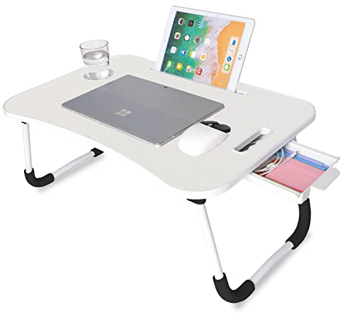 unycos - Betttablett Klappbar, Frühstückstablett mit Griff und Getränkehalter, Serviertisch, Ideal für Lesen und Arbeiten, Auch als Lapdesk Verwendbar 60x40x26 cm (Knochenweiß mit Schublade)