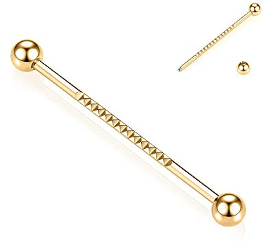 hengkaixuan 14G Industrie Piercing Schmuck Gold Chirurgenstahl Industrielle Langhantel 38mm Lange Gerüststange Industrielle Bar Pyramide Designed Knorpelohrring Helix Barbell für Damen Herren