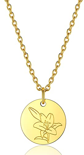 Bestyle Geburtsmonat Blume Halskette Damen Münze Anhänger Versprechen Halskette Mai Lilie Geburtsblumen Schmuck aus 316L Edelstahl mit 45+5cm Rolokette Gold