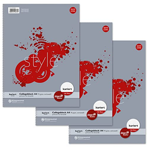 Staufen Style Collegeblock - DIN A4, Lineatur 28 (5mm kariert mit Randlinien), 160 Blatt, 4-fach Lochung, extraweißes 70g/m² Qualitätspapier, 3 Stück