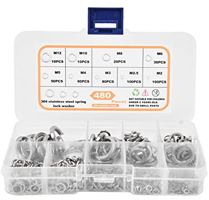 480 Uds. Arandela de Bloqueo de Resorte M2 M2.5 M3 M4 M5 M6 M8 M10 M12 Juego de Arandelas de Bloqueo Divididas de Acero Inoxidable para Electrodomésticos