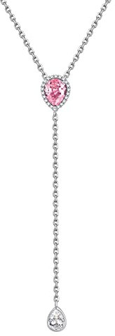 FOCALOOK Collier Y Femme 40+5cm en Argent avec Pierre de Naissance Octobre Tourmaline Rose d'Imitation