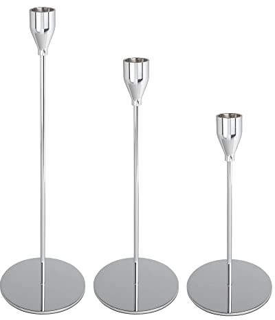 Ideen mit Herz Kerzenhalter für Stabkerzen | Kerzenständer in 23 cm, 28 cm und 33 cm Höhe | Fuß Ø 10cm | 3 Stück (Silber)