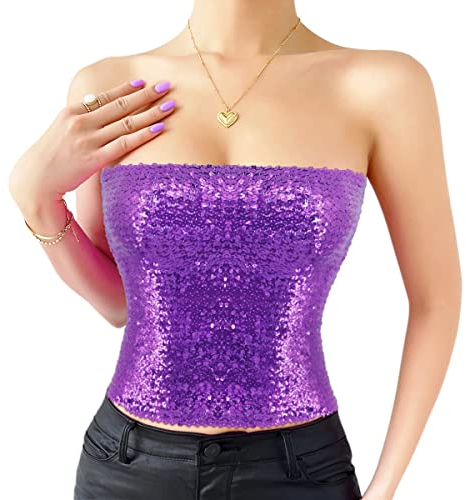 Naimo Top da donna con paillette, senza maniche, senza spalline, sexy, senza spalline, senza spalline, a nastro, corpetto, Lilla, Taglia unica