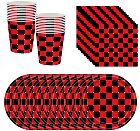 PIUMOJ Vajilla de Fiesta de Navidad, Vajilla Cumpleaños Coche, Platos Cars Cumpleaños, Tazas, Servilletas, Decoración de Fiesta de Navidad Cars, Cuadros Negros y Rojos, 24 Invitados