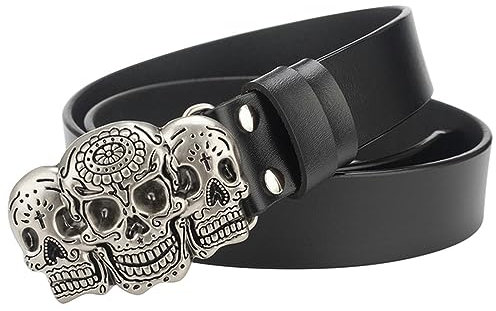 VOIV Gürtel Totenkopf Schnalle Cowskin Ledergürtel Crossbones Skelett Reggae Heavy Metal Rock Deko, 3 Schädelkopf, 125 cm
