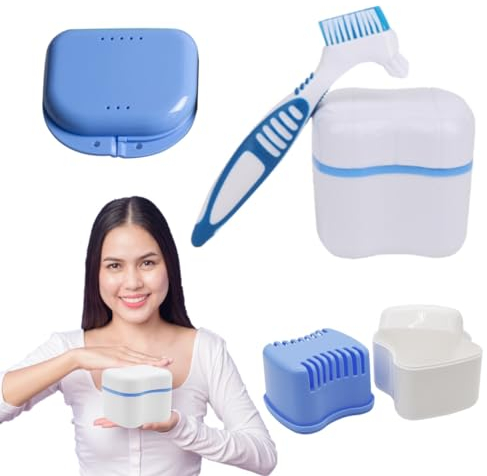 BUKCYUE Prothesen Aufbewahrungsbox, Zahnprothese Box, Prothesenbecher, Prothese Box, Prothesen Behälter, Zahnprothese Etui, mit Prothesen Reinigerbürsten, Für Falsche Zähne Lagerung Reinigung, Blau
