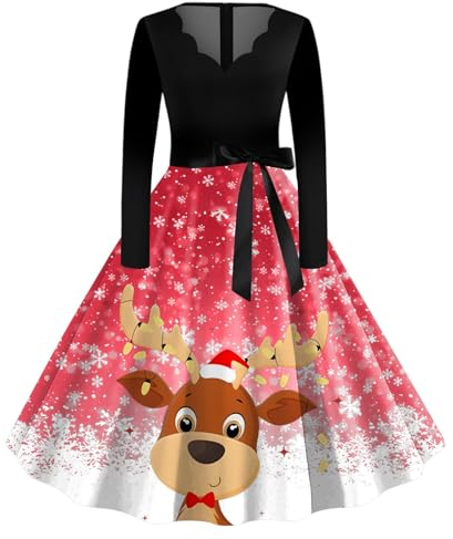 WVONIF Robes de Noël pour Femmes Robe De Noel pour Femme Imprimé Cerf Robe de Noël Grande Taille Robe Femme de Cocktail Vintage Rockabilly Robe Manches Longue col carré Rétro Costume Père Noël Adulte