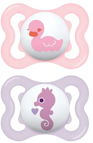 MAM Air Soothers | 0-6 Months | 2 Pack | Newborn Dummies | Comes in Dummy Steriliser Case | Sustainable Materials | Baby Accessories for Newborn | Peach/Lilac (Various Designs)