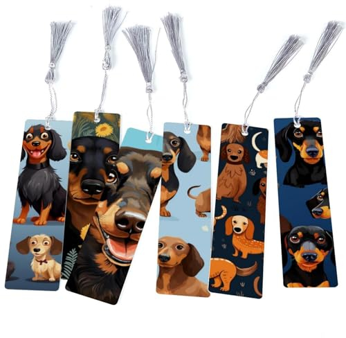 Geschenke für Buchliebhaber: 6er Set Lesezeichen mit Dackel-Muster mit trendigen Quasten